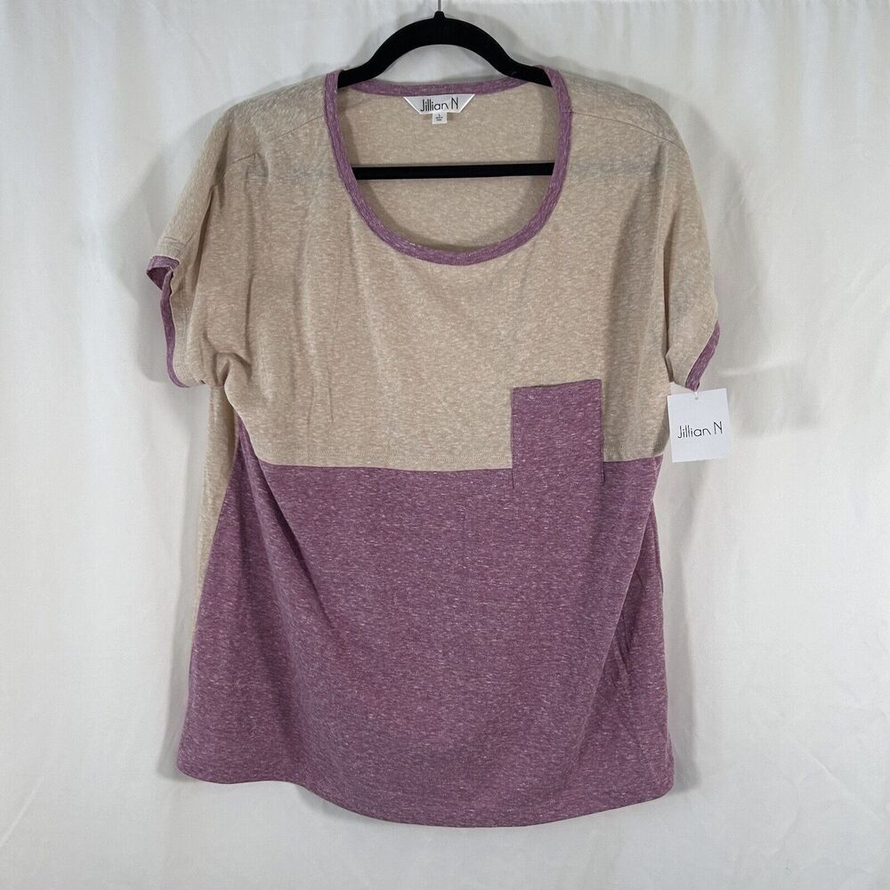 New Jillian N Blouse Womens Large Tan Purple Short Sleeve Round Neck Lightweight